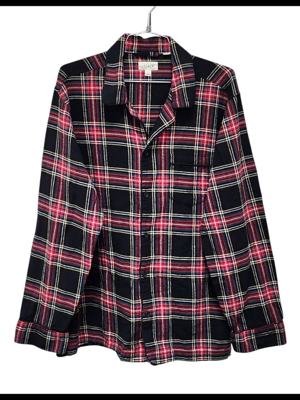 J. Crew Stewart Tartan Plaid Flannel Pajama Button Sleep Shirt Black Red Large
